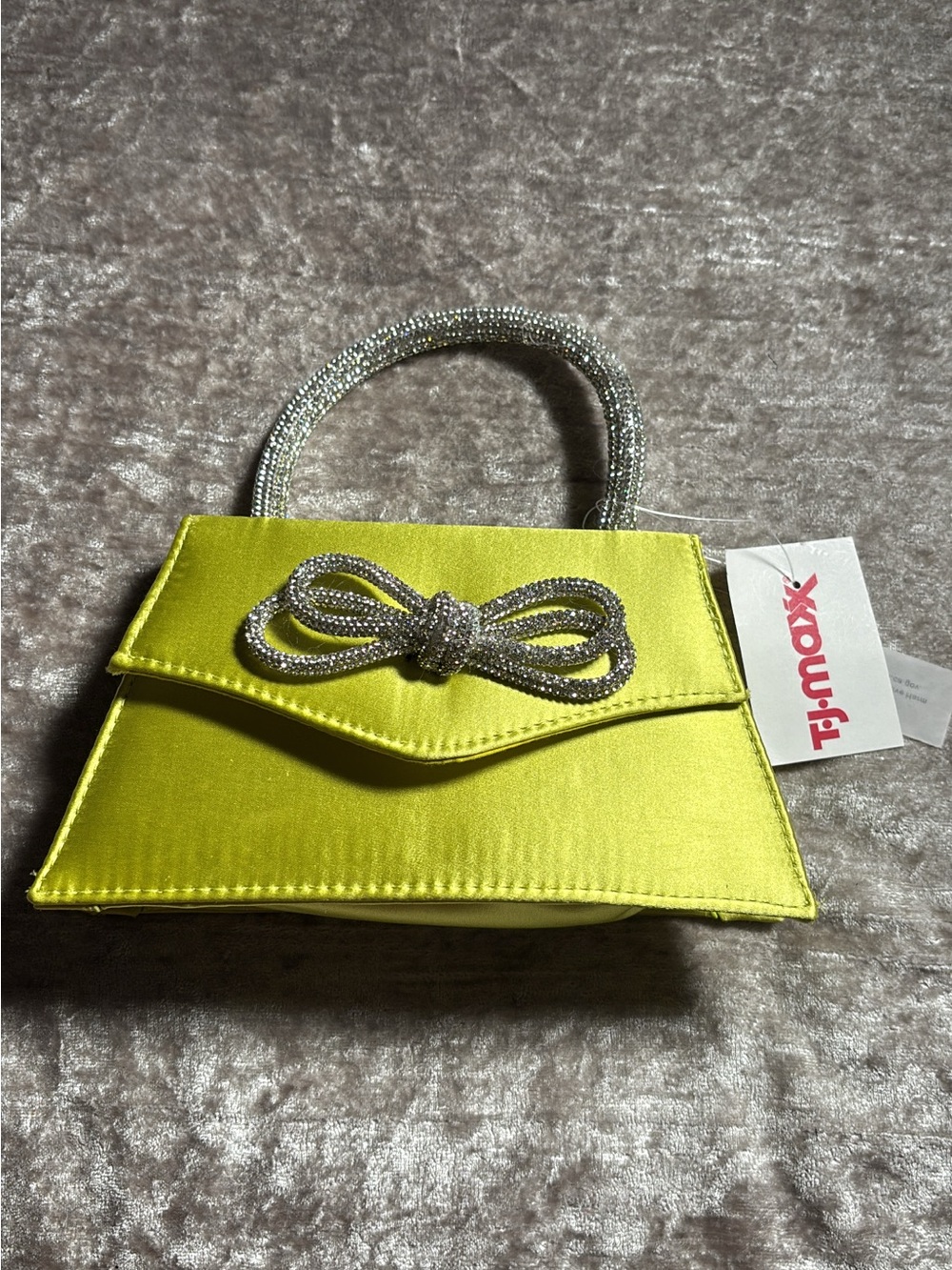 T.J.Maxx Lime Green Satin Mini Handbag with Crystal Bow Accent
